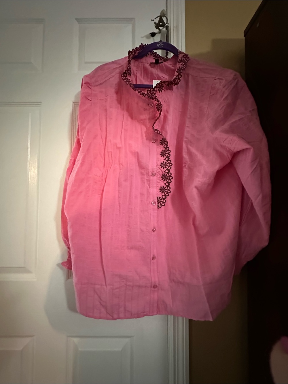 Pink Button-Front Shirt with Floral Trim